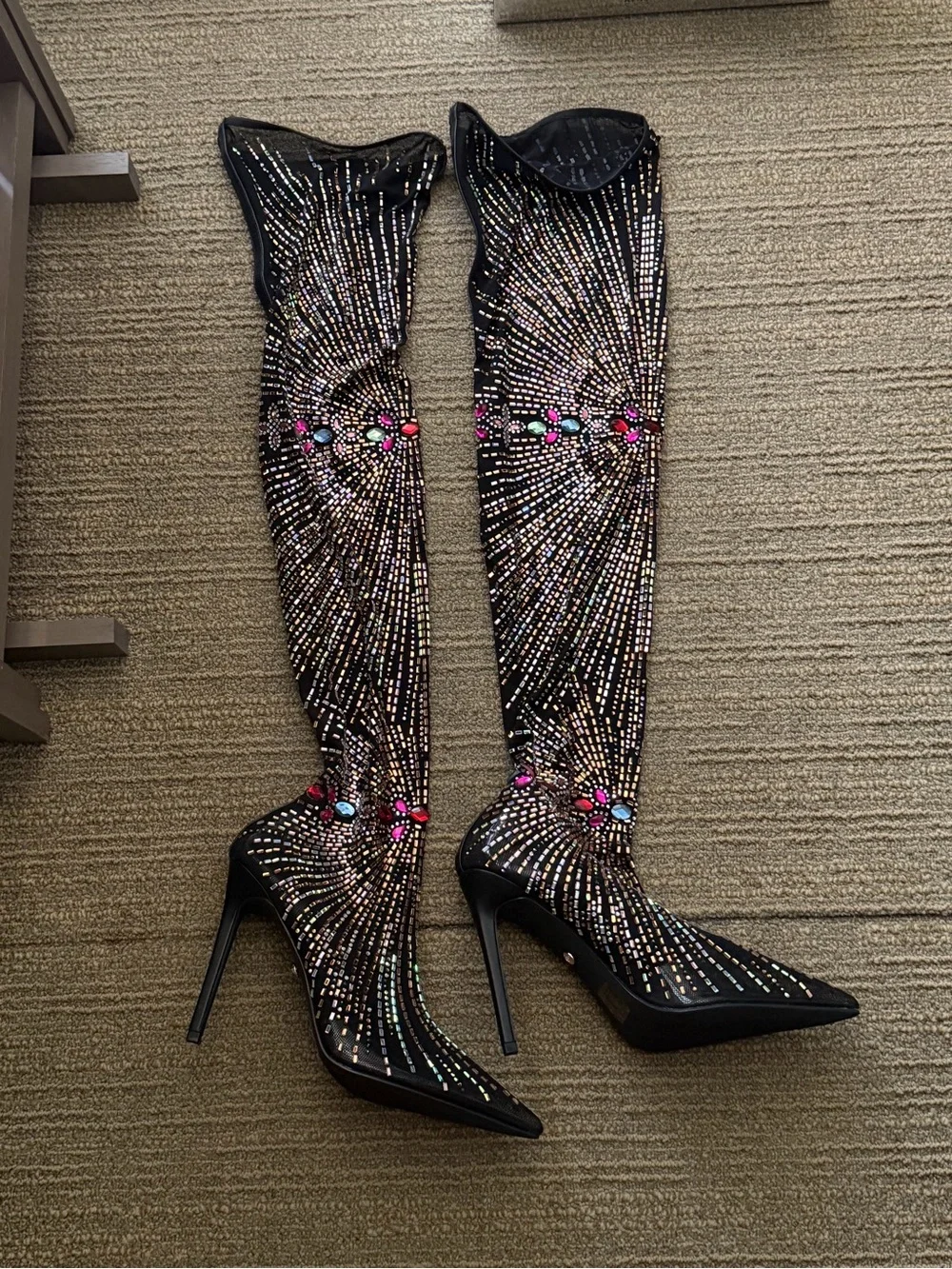 Black Embellished Sheer Over-the-Knee Stiletto Boots with Multicolor Gems
